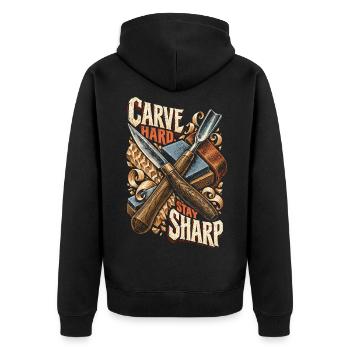 Holzschnitzerei Schnitzen Carve Hard Stay Sharp - Unisex Premium Bio Zip Hoodie - Schwarz - Hinten - Nico (187cm)