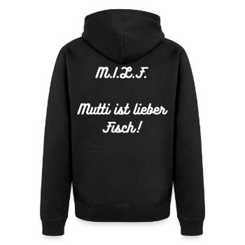 HN Mutti ist lieber Fisch - Unisex Premium Bio Zip Hoodie - Schwarz - Hinten - Nico (187cm)