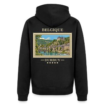 Belgien Durbuy Vintage Reisemarke - Unisex Premium Bio Zip Hoodie - Schwarz - Hinten - Nico (187cm)