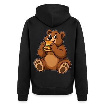 Lustiger Bär mit Burger – Burger Liebe - Unisex Premium Bio Zip Hoodie - Schwarz - Hinten - Nico (187cm)