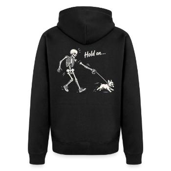 Skelett spaziert mit French Bulldog dunkler Humor - Unisex Premium Bio Zip Hoodie - Schwarz - Hinten - Nico (187cm)