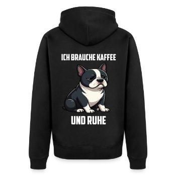 Ich Brauche Kaffee und Ruhe Boston Terrier Bostie - Unisex Premium Bio Zip Hoodie - Schwarz - Hinten - Nico (187cm)