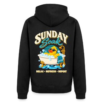 Sunday Soak Badeente – Relax Refresh Repeat - Unisex Premium Bio Zip Hoodie - Schwarz - Hinten - Nico (187cm)