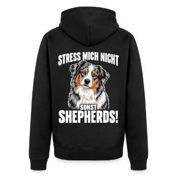 Australian Shepherd – Stress mich nicht | Aussie - Unisex Premium Bio Zip Hoodie - Schwarz - Hinten - Nico (187cm)