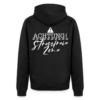 Achtung Stressfreie Zone Lustig sarkasmus Spruch  - Unisex Premium Bio Zip Hoodie - Schwarz - Hinten - Nico (187cm)