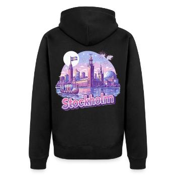 Stockholm Skyline Pink – Stolz & Souvenir Spruch - Unisex Premium Bio Zip Hoodie - Schwarz - Hinten - Nico (187cm)