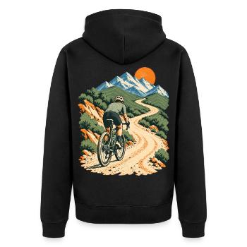 Gravel Abenteuer - Unisex Premium Bio Zip Hoodie - Schwarz - Hinten - Nico (187cm)