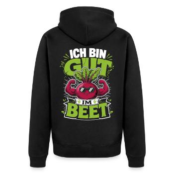 Ich bin gut im Beet Gärtner - Unisex Premium Bio Zip Hoodie - Schwarz - Hinten - Nico (187cm)