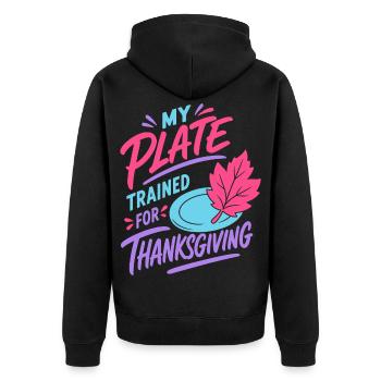 Thanksgiving-Teller im Training - Unisex Premium Bio Zip Hoodie - Schwarz - Hinten - Nico (187cm)