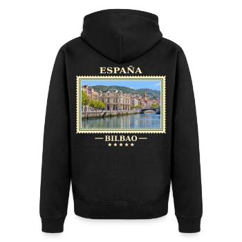 Spanien Bilbao Vintage Reisemarke - Unisex Premium Bio Zip Hoodie - Schwarz - Hinten - Nico (187cm)