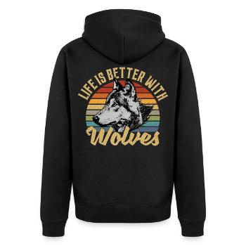 Life Is Better With Wolves Retro Vintage Wolf - Unisex Premium Bio Zip Hoodie - Schwarz - Hinten - Nico (187cm)