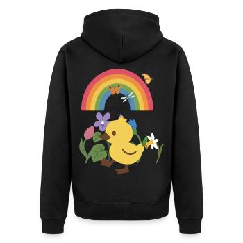 Blumengeschenk · Schmetterling · Entenküken - Unisex Premium Bio Zip Hoodie - Schwarz - Hinten - Nico (187cm)
