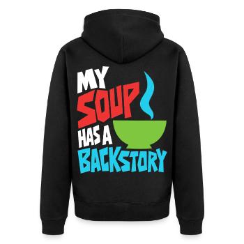 Suppe mit eigener Hintergrundgeschichte - Unisex Premium Bio Zip Hoodie - Schwarz - Hinten - Nico (187cm)