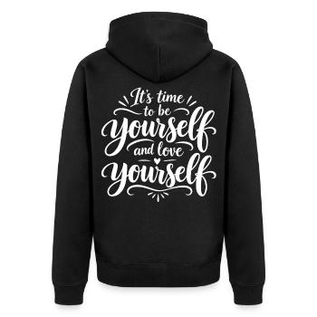 Sei Du selbst - Unisex Premium Bio Zip Hoodie - Schwarz - Hinten - Nico (187cm)