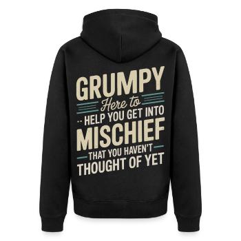 Grumpy hier, um dir zu helfen, in Unfug einzusteigen - Unisex Premium Bio Zip Hoodie - Schwarz - Hinten - Nico (187cm)