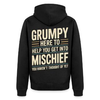 Grumpy hier, um dir zu helfen, in Unfug einzusteigen - Unisex Premium Bio Zip Hoodie - Schwarz - Hinten - Nico (187cm)