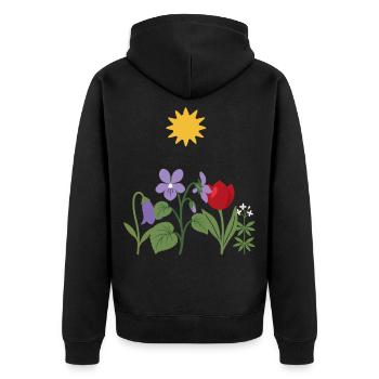 Gartenfreunde · Natur · Sonne · Veilchen - Unisex Premium Bio Zip Hoodie - Schwarz - Hinten - Nico (187cm)