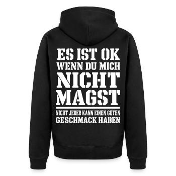 Lustiger Spruch Es ist ok wenn du mich nicht magst - Unisex Premium Bio Zip Hoodie - Schwarz - Hinten - Nico (187cm)