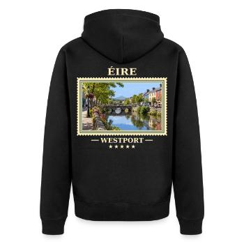 Irland Westport Vintage Reisemarke - Unisex Premium Bio Zip Hoodie - Schwarz - Hinten - Nico (187cm)