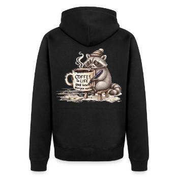 Raccoon Kaffee Morgenstimmung - Unisex Premium Bio Zip Hoodie - Schwarz - Hinten - Nico (187cm)