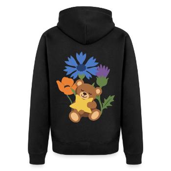 Natur · Teddy mit Stern · Bunte Kornblume - Unisex Premium Bio Zip Hoodie - Schwarz - Hinten - Nico (187cm)