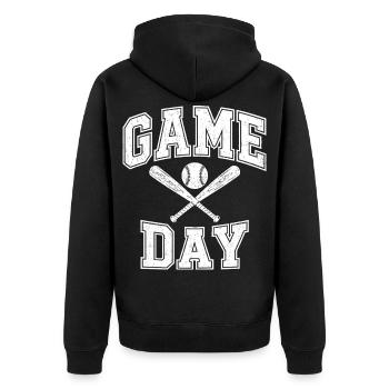 Game Day Baseball – Schläger & Ball - Unisex Premium Bio Zip Hoodie - Schwarz - Hinten - Nico (187cm)