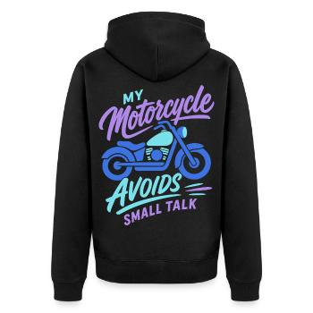 My Motorcycle Avoids Small Talk - Unisex Premium Bio Zip Hoodie - Schwarz - Hinten - Nico (187cm)
