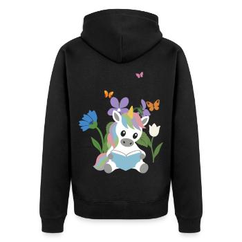 Veilchen · Garten · Bücher Einhorn · Schmetterling - Unisex Premium Bio Zip Hoodie - Schwarz - Hinten - Nico (187cm)