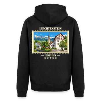 Liechtenstein Eschen Vintage Reisemarke - Unisex Premium Bio Zip Hoodie - Schwarz - Hinten - Nico (187cm)