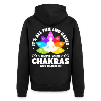Chakra Blockade - Unisex Premium Bio Zip Hoodie - Schwarz - Hinten - Nico (187cm)