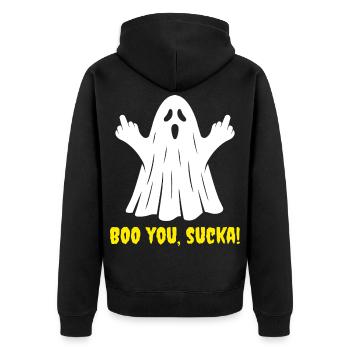 Lustig, buh! Halloween-Geist - Unisex Premium Bio Zip Hoodie - Schwarz - Hinten - Nico (187cm)