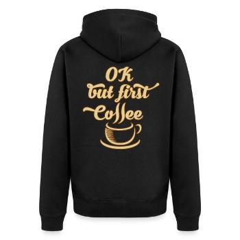 Okay, aber zuerst Kaffee - Unisex Premium Bio Zip Hoodie - Schwarz - Hinten - Nico (187cm)