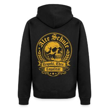 Alte Schule Respekt Ehre Loyalität Skull - Unisex Premium Bio Zip Hoodie - Schwarz - Hinten - Nico (187cm)