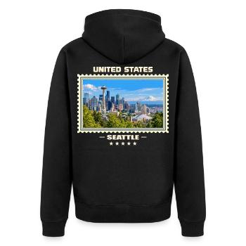 Vereinigte Staaten Seattle Vintage Reisemarke - Unisex Premium Bio Zip Hoodie - Schwarz - Hinten - Nico (187cm)