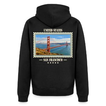 Vereinigte Staaten San Francisco Vintage Marke - Unisex Premium Bio Zip Hoodie - Schwarz - Hinten - Nico (187cm)