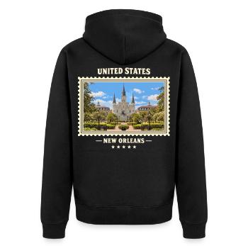 Vereinigte Staaten New Orleans Vintage Reisemarke - Unisex Premium Bio Zip Hoodie - Schwarz - Hinten - Nico (187cm)