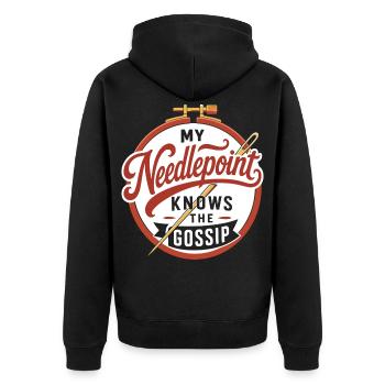 Stickerei – My Needlepoint Knows the Gossip - Unisex Premium Bio Zip Hoodie - Schwarz - Hinten - Nico (187cm)