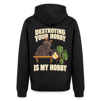 Katze Pflanzen Humor – Destroying Your Hobby - Unisex Premium Bio Zip Hoodie - Schwarz - Hinten - Nico (187cm)