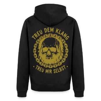 Schädel im Kettenkreis – Treu dem Klang - Unisex Premium Bio Zip Hoodie - Schwarz - Hinten - Nico (187cm)
