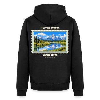 Vereinigte Staaten Grand Teton Vintage Reisemarke - Unisex Premium Bio Zip Hoodie - Schwarz - Hinten - Nico (187cm)