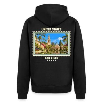 Vereinigte Staaten San Diego Vintage Reisemarke - Unisex Premium Bio Zip Hoodie - Schwarz - Hinten - Nico (187cm)