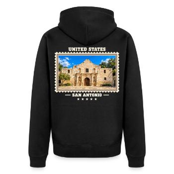 Vereinigte Staaten San Antonio Vintage Reisemarke - Unisex Premium Bio Zip Hoodie - Schwarz - Hinten - Nico (187cm)