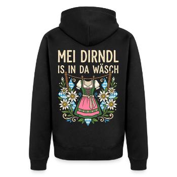 Mei Dirndl is in da Wäsch Ersatz Dirndl Tee Damen - Unisex Premium Bio Zip Hoodie - Schwarz - Hinten - Nico (187cm)
