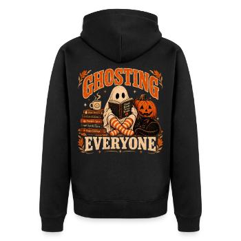  Ghosting Everyone Funny Book Lover Halloween  - Unisex Premium Bio Zip Hoodie - Schwarz - Hinten - Nico (187cm)
