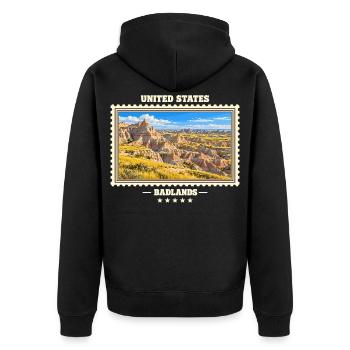 Vereinigte Staaten Badlands Vintage Reisemarke - Unisex Premium Bio Zip Hoodie - Schwarz - Hinten - Nico (187cm)