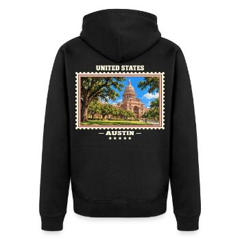 Vereinigte Staaten Austin Vintage Reisemarke - Unisex Premium Bio Zip Hoodie - Schwarz - Hinten - Nico (187cm)