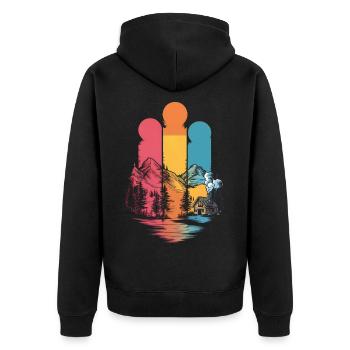 Retro-Berghütte und Waldlandschaft - Unisex Premium Bio Zip Hoodie - Schwarz - Hinten - Nico (187cm)