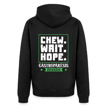 Kauen. Warten. Hoffen. - Gastroparese - Unisex Premium Bio Zip Hoodie - Schwarz - Hinten - Nico (187cm)