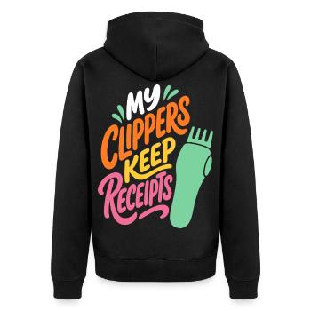 Haarschneider – My Clippers Keep Receipts - Unisex Premium Bio Zip Hoodie - Schwarz - Hinten - Nico (187cm)