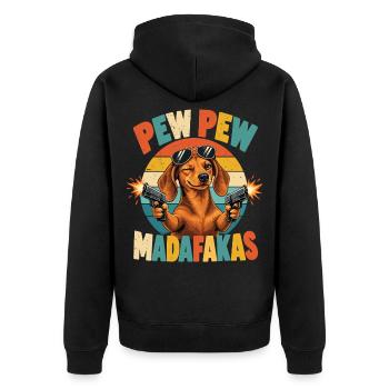Pew Pew Dackel Retro Humor - Unisex Premium Bio Zip Hoodie - Schwarz - Hinten - Nico (187cm)